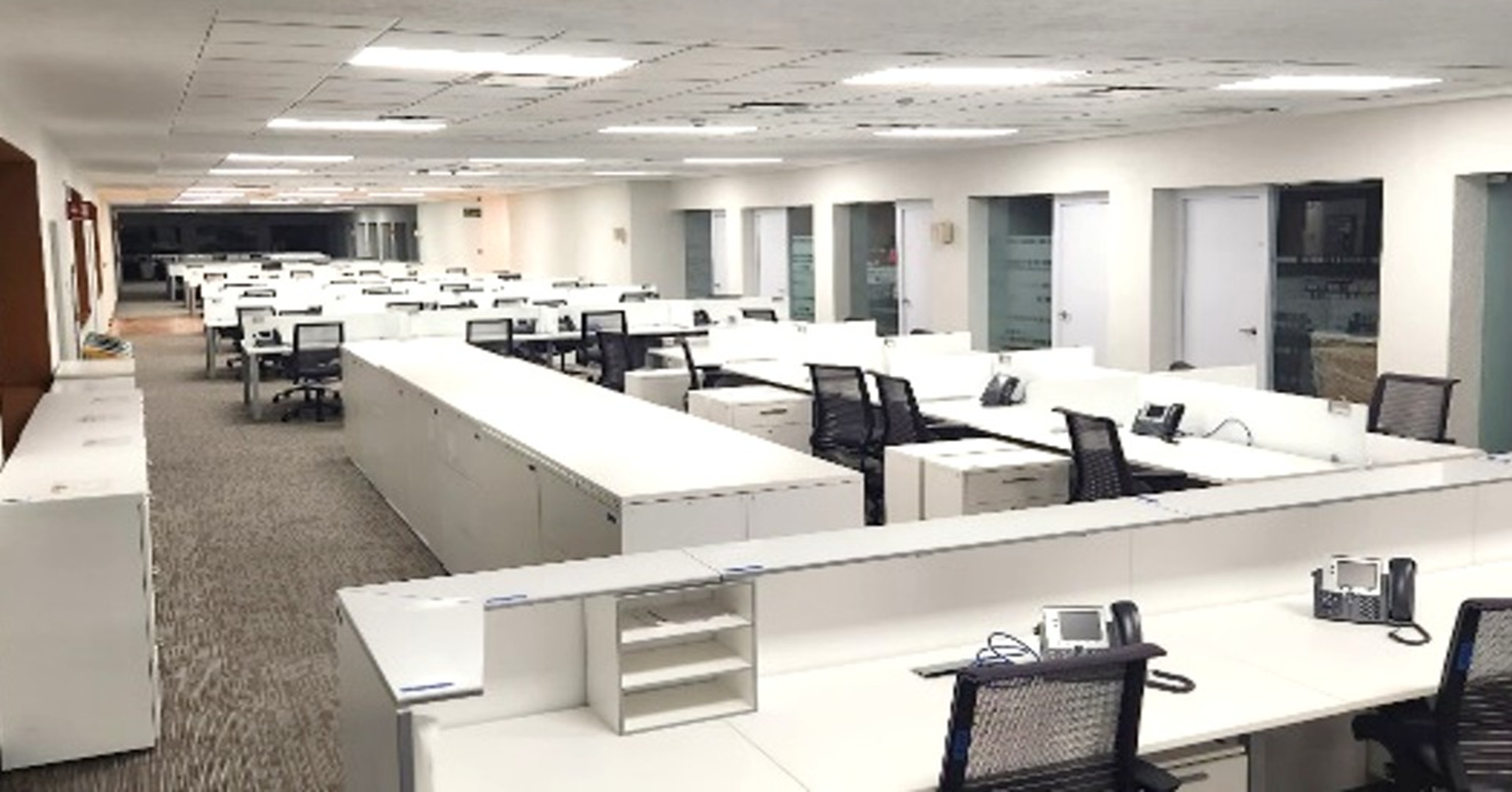 Área de oficinas corporativas con estaciones de trabajo, sillas ergonómicas y sistema de iluminación eficiente en planta Santa Fe
